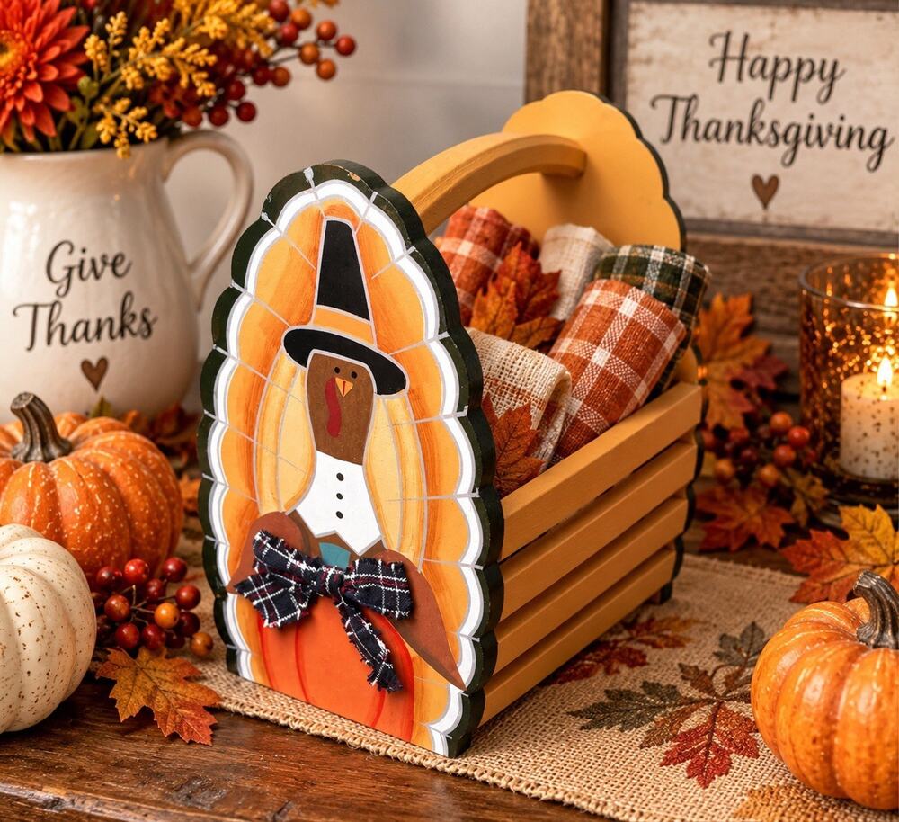 Wood Turkey Basket Thanksgiving Fall Harvest Decor Folk Art Pumpkin Caddy